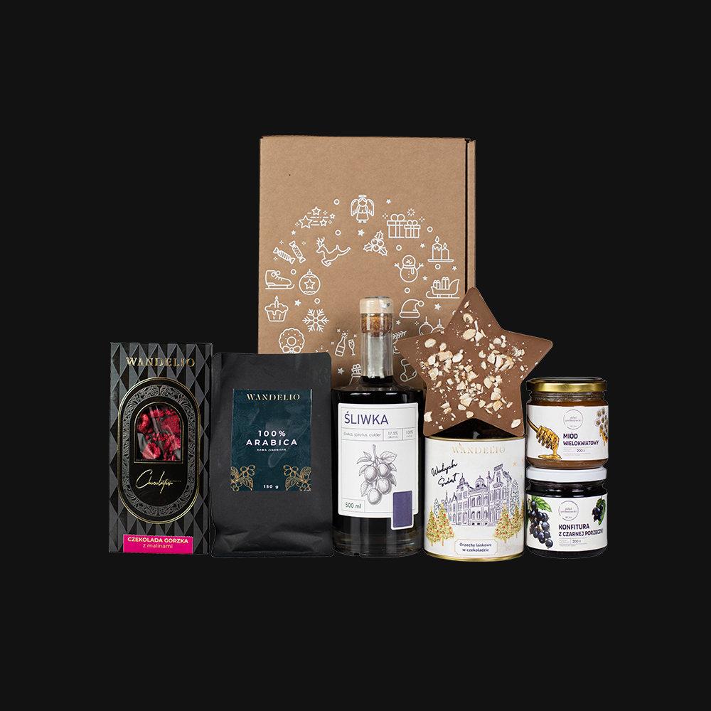 Zestaw prezentowy z nalewką. Polska nalewka na prezent. Kosz upominkowy z nalewką.